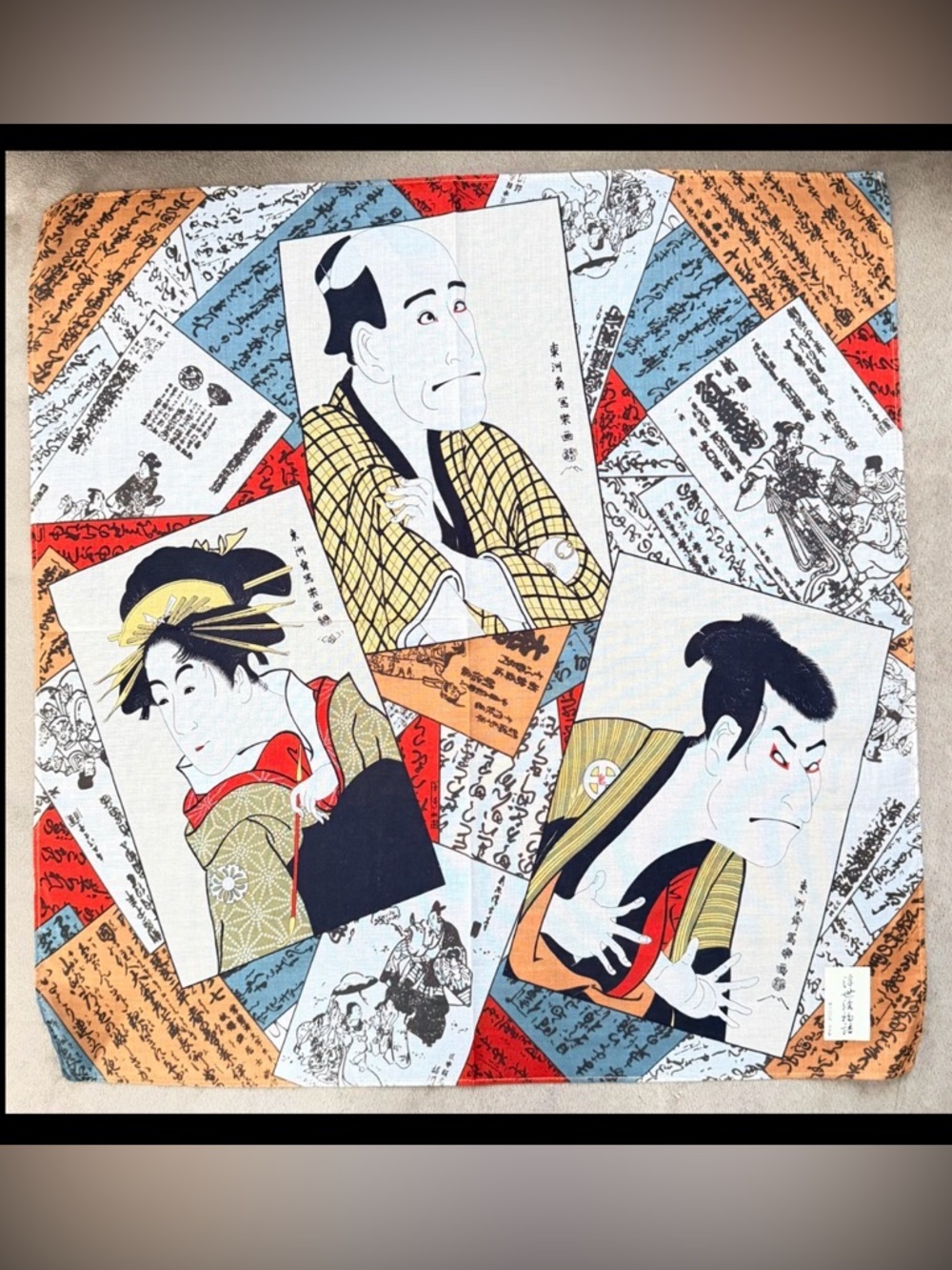 Japanese Cotton Handkerchief 16" Ukiyo-e Print Made in Japan Tenugui Style New!!